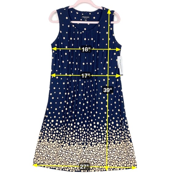 Perceptions Polka Dot A Line Dress Womens SZ M Sleeveless pleated Navy Yellow - Picture 4 of 12